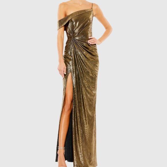 Ieena for Mac Duggal Gold Metallic Off The Shoulder Gown - Picture 1 of 6